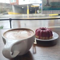 Orange mocha latte with berry bunt cake at Three Cats Coffee in Woodinville