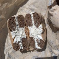 Pumpernickel and vegan chive cream cheese at Boichik Bagels - FiDi Battery in San Francisco