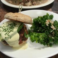 Brunch burger!  Best burger ever, so much flaovr!  Avocado & hollandaise sauce included.  Kale salad was very fresh.  at Vegan Commissary in Philadelphia