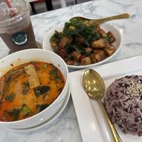 Crispy pork and Thai curry  at Kanya Vegetarian Food in Pathum Thani