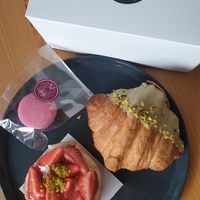 Raspberry Macaron, strawberry tartlet and pistacchio croissant at Patisserie Sießl in Munich