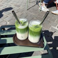 Iced matcha latte with oat milkk  at DRACHE Specialty Coffee Bar in Brussels