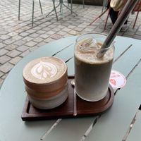 Hojicha with oat milkk  at DRACHE Specialty Coffee Bar in Brussels