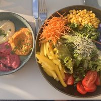 Hummus trio and Buddha bowl (but without sesame dressing as this contains honey)  at Das Martinus in Weingarten