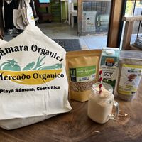 Mango Papaya Banana smoothie made with organic soy milk  at Samara Organics in Samara
