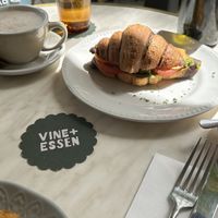 Vegan croissant with broccolini pesto, sliced tomato and vegan cheese.  at Vine + Essen in Hahndorf