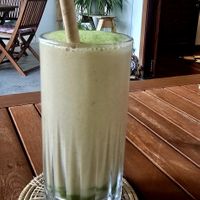 Matcha, banana, vanilla smoothie at Ojas Vegan & Vegetarian Eatery in Siem Reap