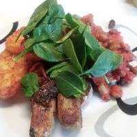 Vegan big brekky at the Pearfect Pantry - part of the weekend menu. Vegan rosemary sausages, caramelised onion jam, hashbrowns, toast, tomato, spinach and beans. Also comes in a smaller serving 'for the light weight'. at The Pearfect Pantry in Osbourne Park