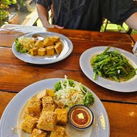 Fried tofu with garlic, fried tofu (both served with sweet chilli sauce) and  Morning glory vegan version at Railay The Corner in Krabi