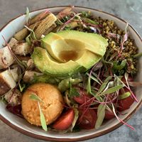 Tofu Avocado Salad- Pan-fried tofu, mixed greens, grilled seasonal vegetables, avocado, cherry tomatoes, sweet potato mash, and turmeric quinoa  at PVG - O'Mills Bakery & Bistro T2 - D73 in Shanghai