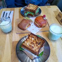 Veggie “Ham” Cheese Croissant Sandwich, and Bell Pepper Croissant Sandwich at Magma Bakery Lab  in Barcelona