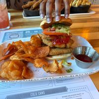 Fried vegan sandwich with bbq chips at Chef Art Smith's Homecomin' in Lake Buena Vista