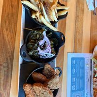 Kitchen plate
With vegan chicken 
Kale & collards 
Fries at Chef Art Smith's Homecomin' in Lake Buena Vista