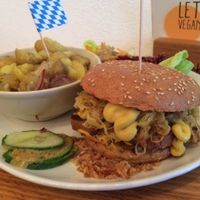 Wies'n Burger - Special Burger during Oktoberfest!
Bavarian vegan meatloaf, sauerkraut, fried onions, swet or spicey mustard, pretzels.  at Let It Be in Berlin