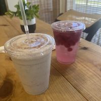 Coconut sour sap smoothie and dragonfruit lemonade   at Vegan On The Island - Pop up in Longwood