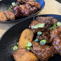 Wangz bbq (back) jerk ( front) served with the most delicious jerk plantain fries   at Vegan On The Island - Pop up in Longwood