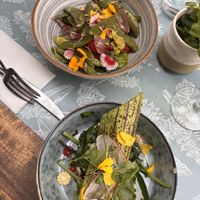 Starters: Flambé cucumber and peas salad   at Thym Et Romarin in Montpellier