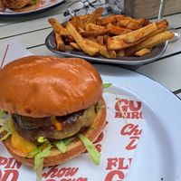 Vegan beef burger and spicy fries at Hub Box in Cardiff