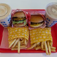 cold brew shake, Double Fancy, Double Red & Yellow, chocolate shake, and fries at FACE PLANT in Portland