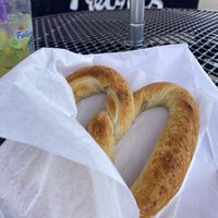 Fresh Pretzel Enjoyed in the Shade w/Cucumber Aguga Fresca from Another Food Stall (Super Recommend BOTH)  at Twisties Pretzels in Modesto