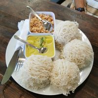 String Hoppers with potato curry and coconut sambol at Hungry Puppet Ahangama in Ahangama