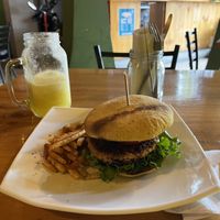 Chickpea Burger and fries, pineapple juice    at El Chante Gourmet in Alajuela
