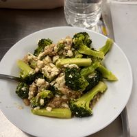 250 gram broccoli with vegan meat  at Vegan 108 - มังสวิรัติร้อยแปด in Bangkok