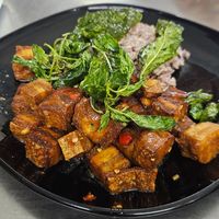 Thai Basil with crispy pork- so good! A must when you go there!! at Vegan 108 - มังสวิรัติร้อยแปด in Bangkok