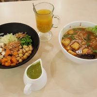 Lei Cha noodles, barley pumpkin drink, and red curry. at Idealite - Gurney Plaza in Penang