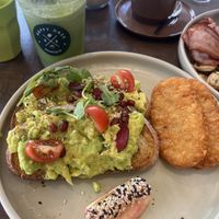 Vegan avocado toast and hash browns   at Happy Daze Cafe in Ashfield