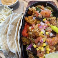 Veggie Fajitas (eggplant and cauliflower) and other veggies. Plus vegan cheese, vegan spicy mayo and guacamole.   at La Cabra Mexican in Mordialloc
