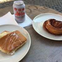 Apple and vanilla pastry; cinnamon roll. Both vegan! at Sattva Naturbageriet in Stockholm
