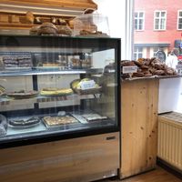 Inside. The top shelf of case is all vegan cakes. To the right are the vegan and non vegan cinnamon rolls. Also have vegan chocolate muffins! at Sattva Naturbageriet in Stockholm
