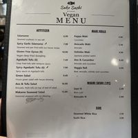 Vegan menu  at Sake Sushi in Ucluelet