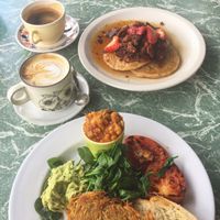 Pancakes with Vegan bacon and big vegan breakfast at Petty Cash Cafe in Marrickville