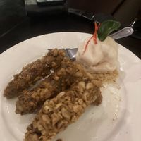 Cashew banana fritters with coconut sorbet  at Sandan in Sihanoukville