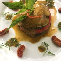 Grille Eggplant and zucchini stack with coriander dressing - coriander haters. The dressing isn’t strong! at Sandan in Sihanoukville