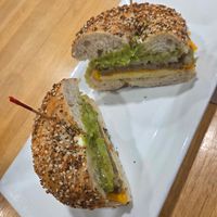 Vegan sausage, egg, and cheese sandwich with avocado on an everything bagel at Deerpath Bagels & Burgers in Hamilton Township