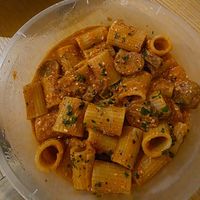Sausage with rigatoni-style pasta in a tomato sauce at Sora Diana in Edinburgh