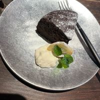 Chocolate cake with candied lemon and soya cream at Hitotomori Nara in Nara