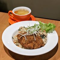 Vegan Thai Basil Minced Fried Rice Bowl with Chicken Chop and Apple Goji Drink at Mother Earth Classic Express - 大地之素 in Central Singapore