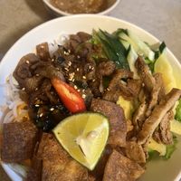 Rice noodles with raw veggies, homemade mockmeat and peanut sauce   at Ba Dam Vegetarian Restaurant in Hoi An