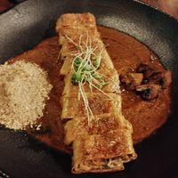 Yuba filled with mushrooms and pumpkin puree at Mow Culinaria Vegana in Campinas