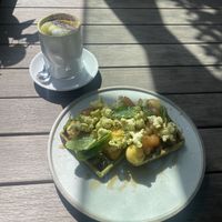 Matcha latte and matcha waffles   at Sister of Soul in St Kilda