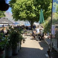 View from the inside to the lake and mountains  at Vudu Cafe and Larder in Queenstown
