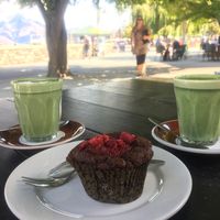 Raspberry muffin and matcha latte at Vudu Cafe and Larder in Queenstown