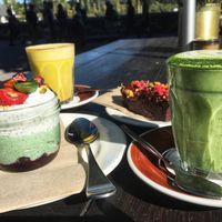 Chia pudding, chocolate cake, turmeric and matcha latte at Vudu Cafe and Larder in Queenstown