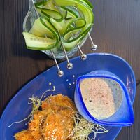 Fresh and crunchy, freshly salted cucumber and breaded portobello at Lokaal Tilk in Tallinn
