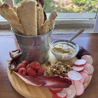 Hummus fruit & veg plate  at Café Da Garagem in Lisbon