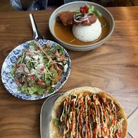 From the top: Seitan rice bowl, mushroom laab, jack fruit roti  at Brother Thai in Cardiff